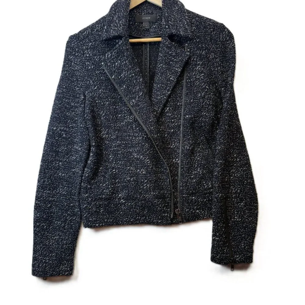 J.Crew Navy Speckled Knit Moto Jacket Asymmetrical Zip Wool Blend Size 4 Casual